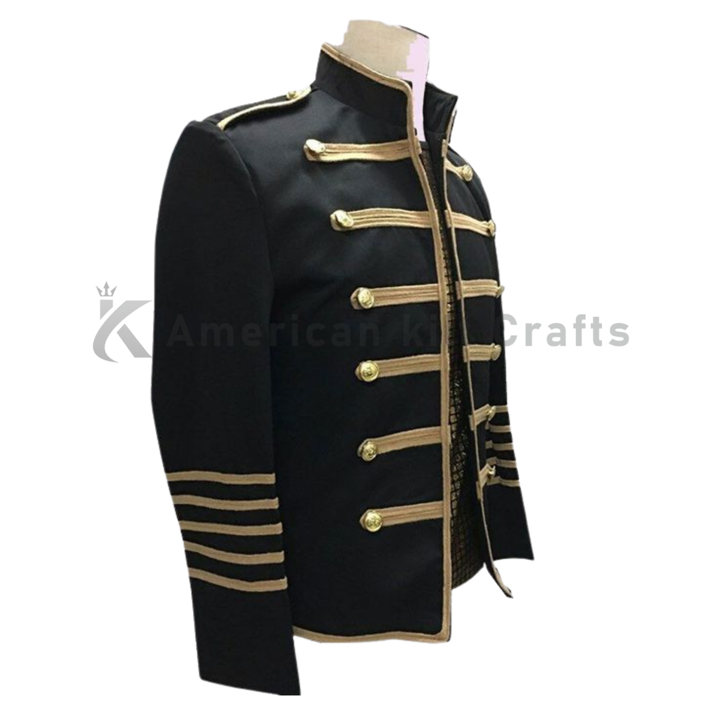 Side view of a men’s Napoleon-style heavy wool uniform coat with a fitted silhouette, gold braid trim, and brass buttons.