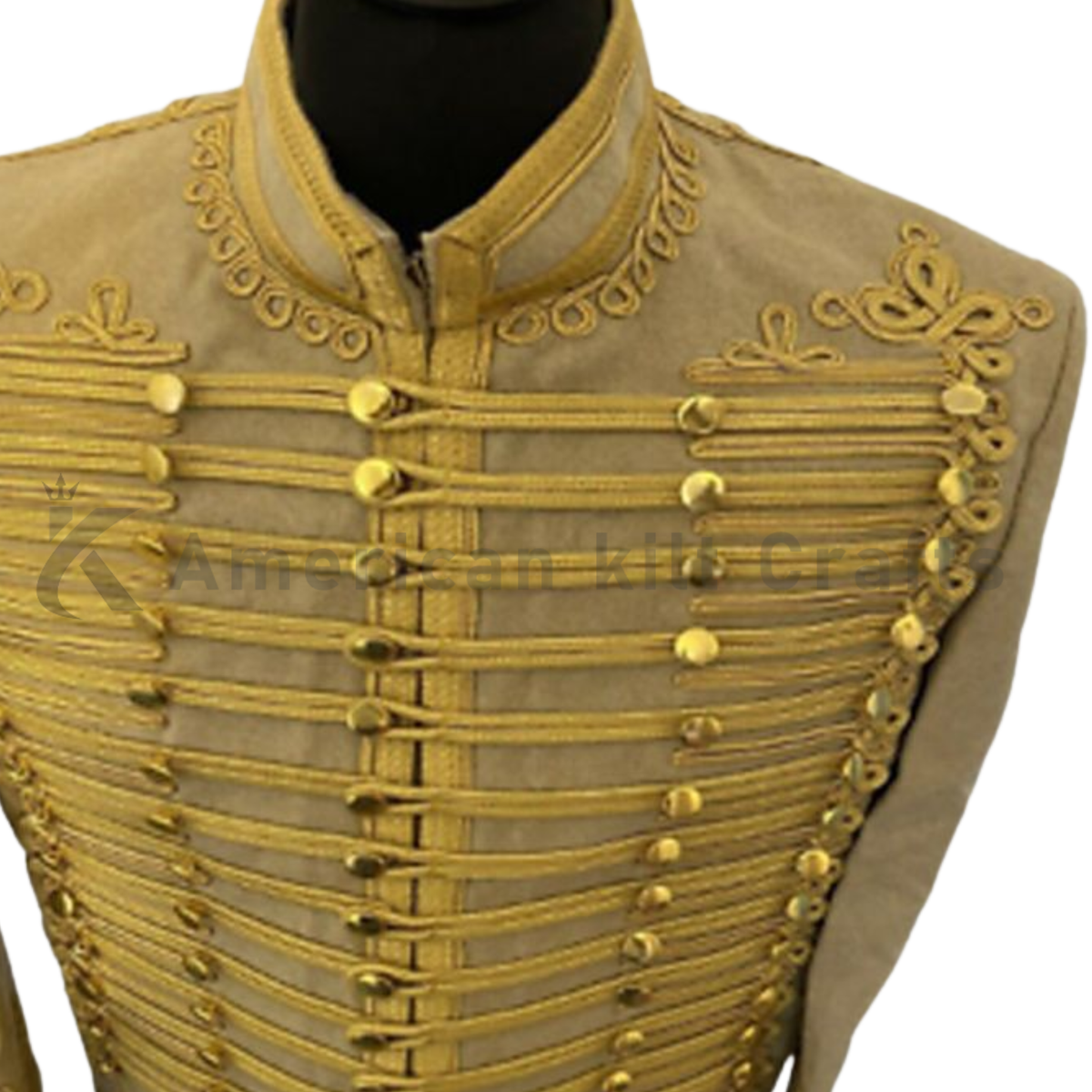 Close-up of detailed gold braiding and decorative buttons on a men’s Napoleonic Hussar heavy wool military jacket.