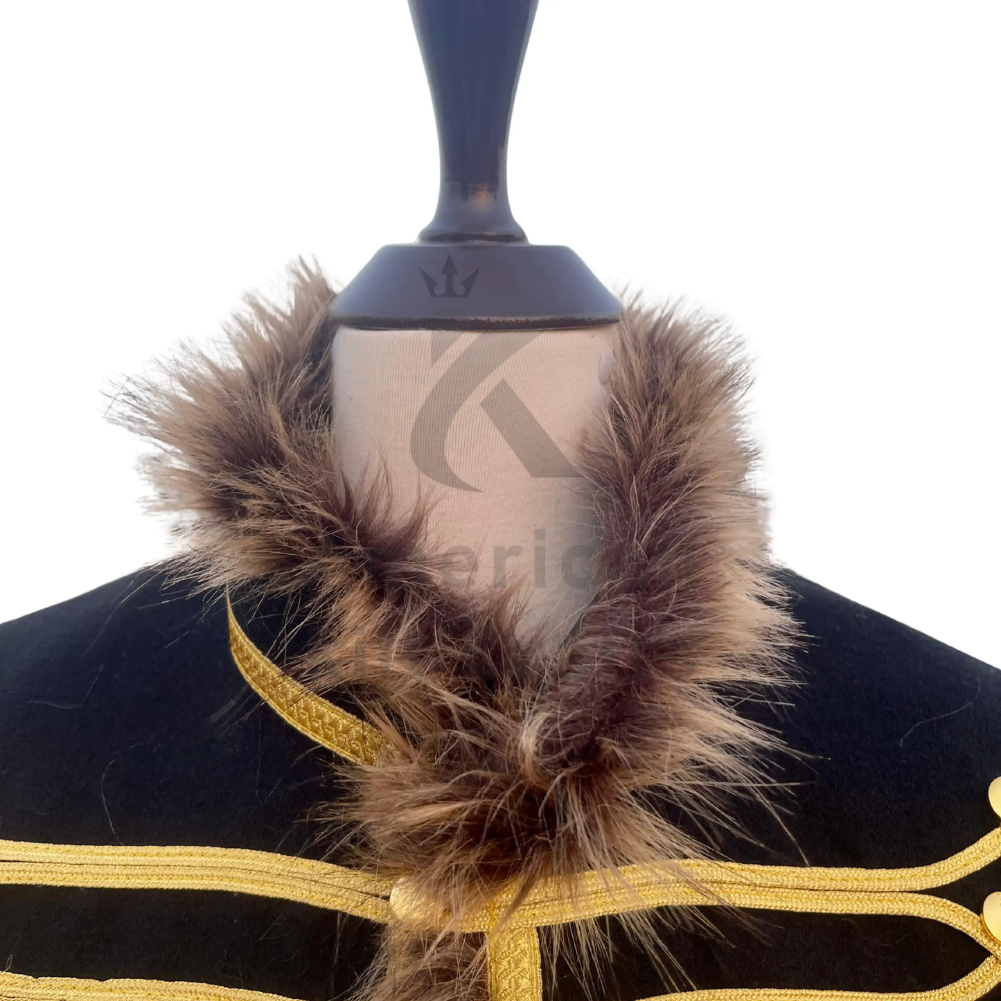 Close-up of decorative gold braid, buttons, and detailed craftsmanship on a Napoleonic Hussar military jacket.
