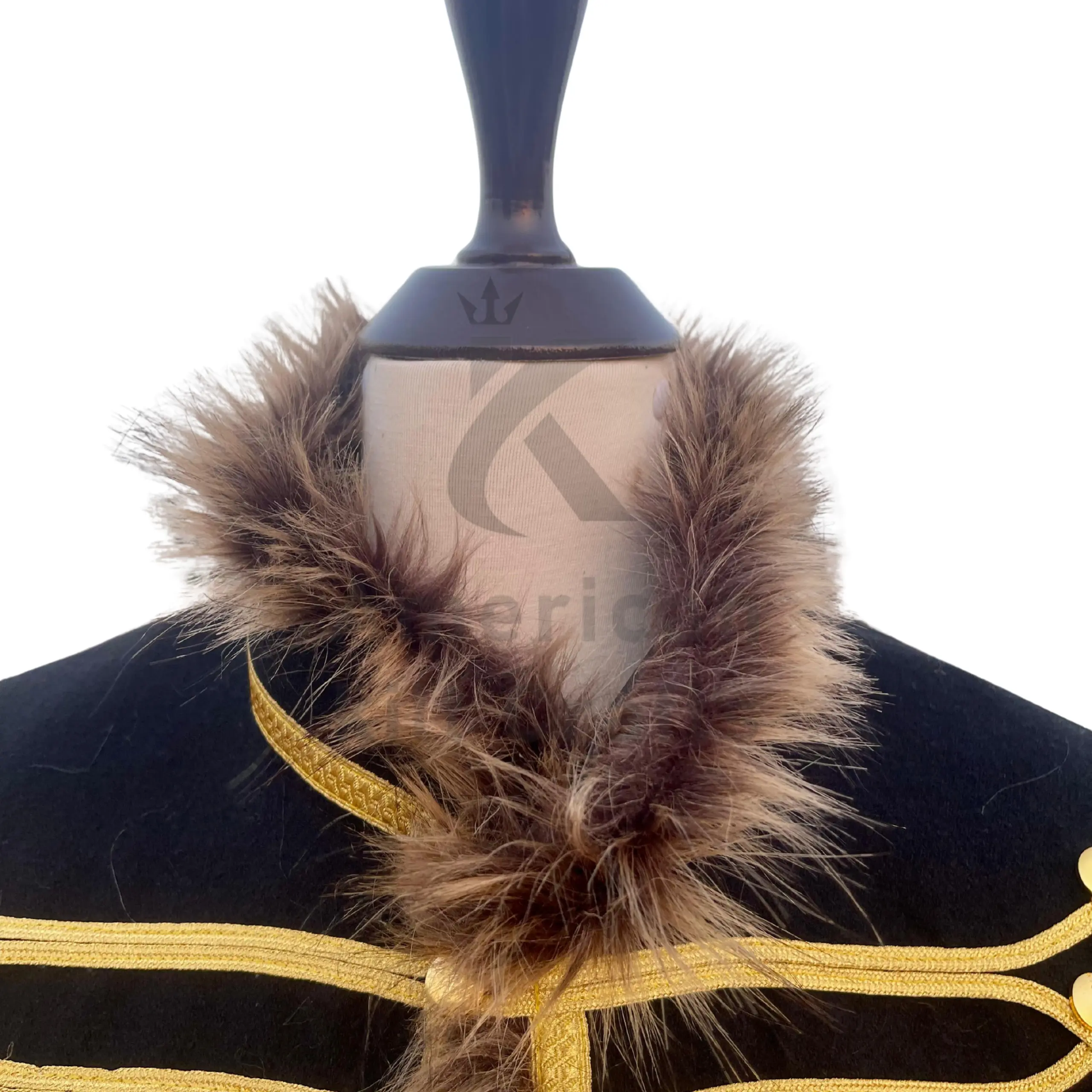 Close-up of decorative gold braid, buttons, and detailed craftsmanship on a Napoleonic Hussar military jacket.