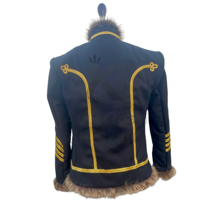 Back view of men's Napoleonic Hussar military jacket showing tailored vintage military uniform design and structured fit.