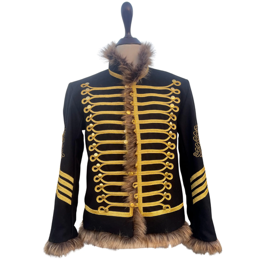 Men's Napoleonic Hussar military jacket front view with decorative gold braid, stand collar, and vintage parade uniform styling.