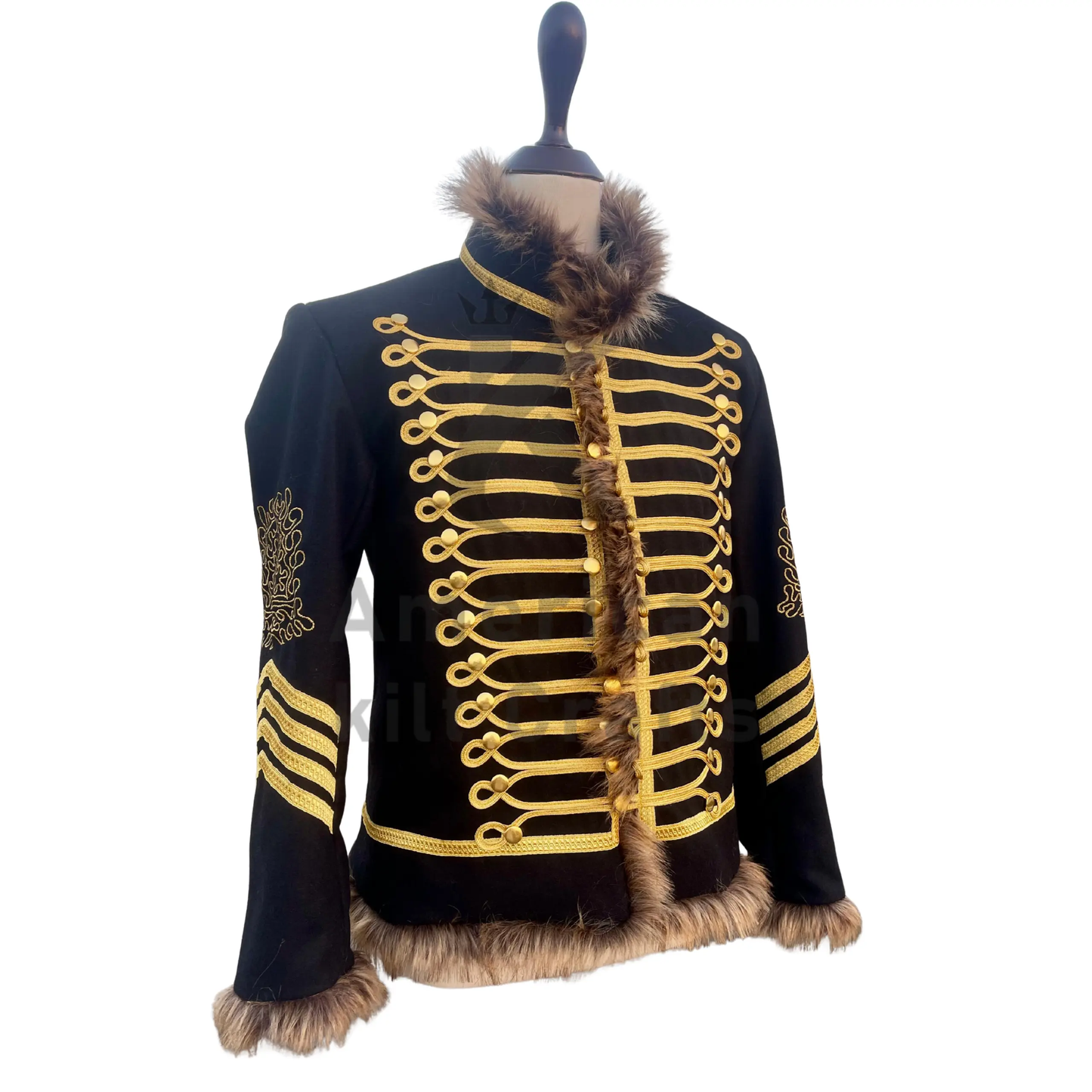 Side view of vintage Napoleonic Hussar jacket with gold braid detailing, stand collar, and military-inspired silhouette.