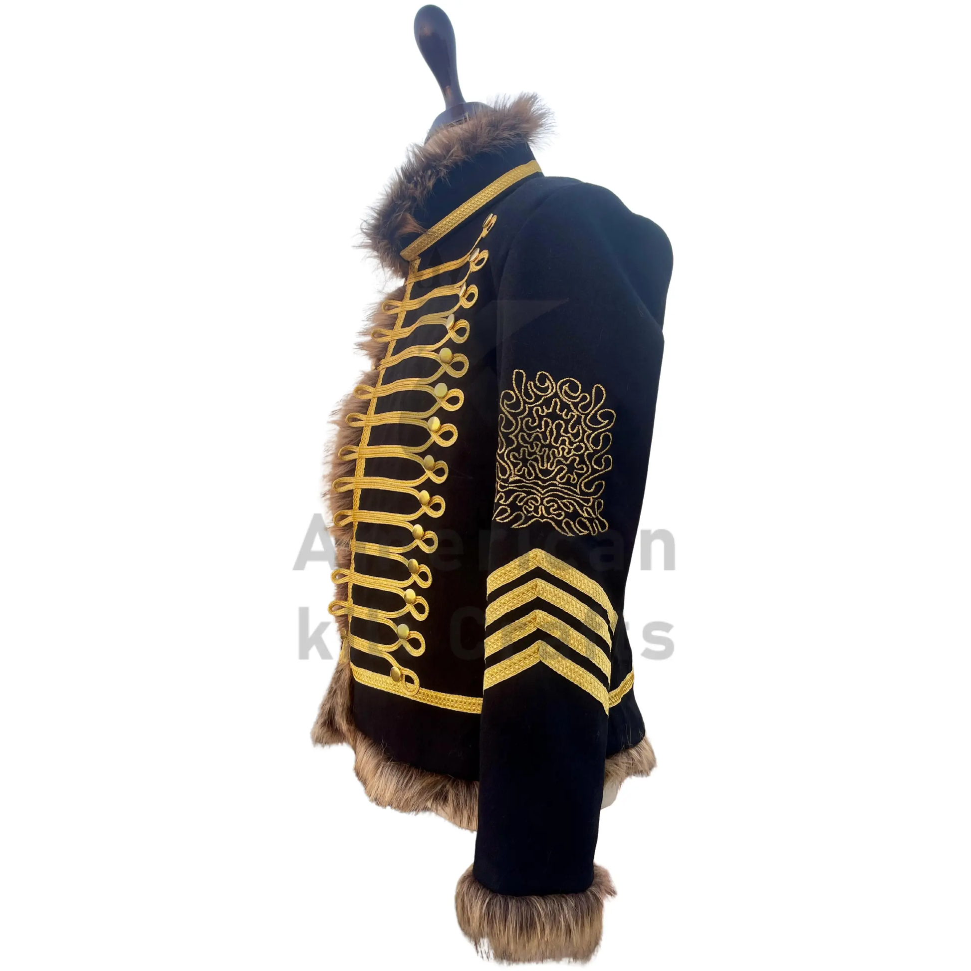 Side view of vintage Napoleonic Hussar jacket with gold braid detailing, stand collar, and military-inspired silhouette.