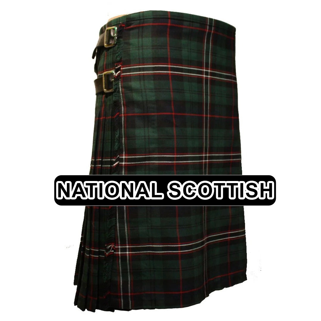Handmade National Scottish tartan kilt with traditional plaid pattern and classic pleated Highland design.