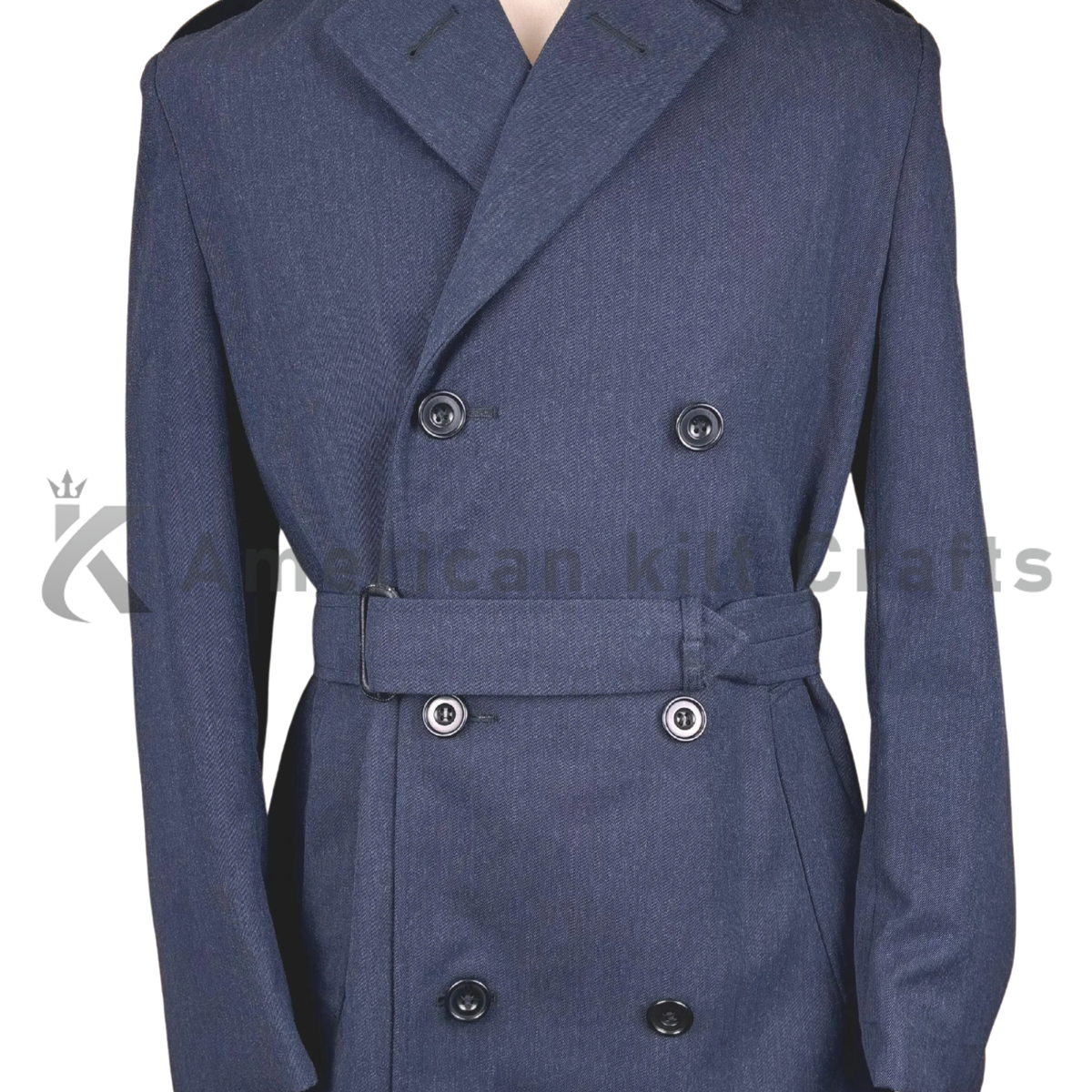 Close-up view of navy blue military style coat showing double-breasted buttons, belt, fabric texture and tailored details.