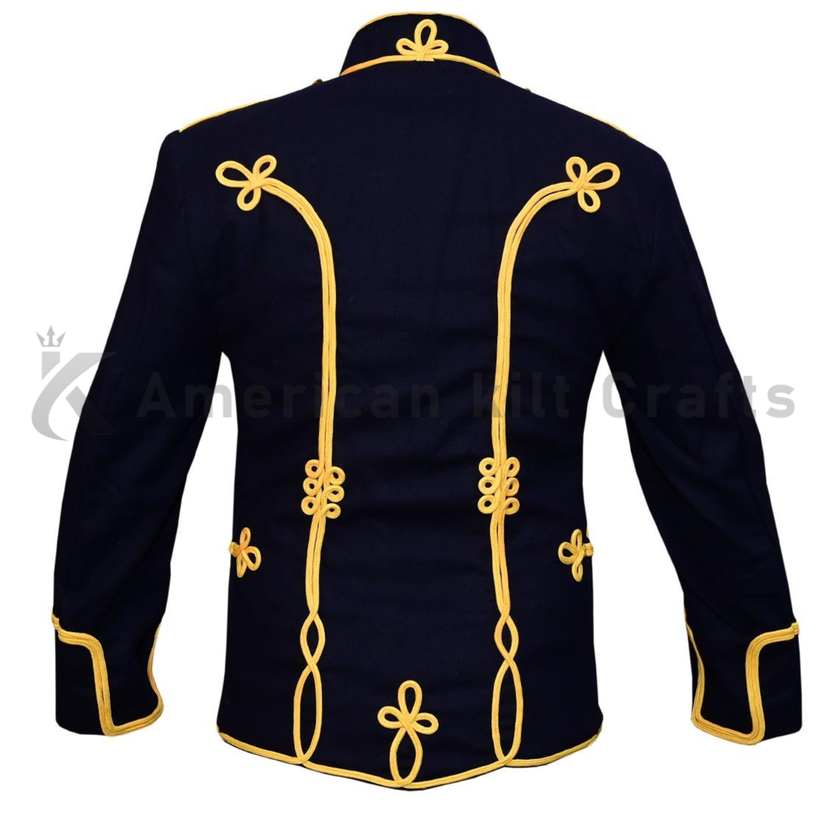 Back view of a men’s navy Hussar marching band jacket featuring structured tailoring and a formal military uniform silhouette.