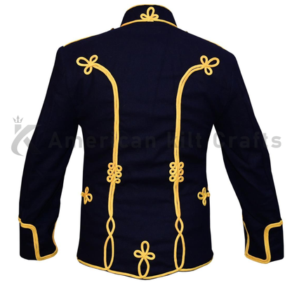 Back view of a men’s navy Hussar marching band jacket featuring structured tailoring and a formal military uniform silhouette.