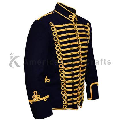 side view of decorative braiding, military buttons, and detailed trim on a men’s navy blue Hussar drum and bugle jacket.