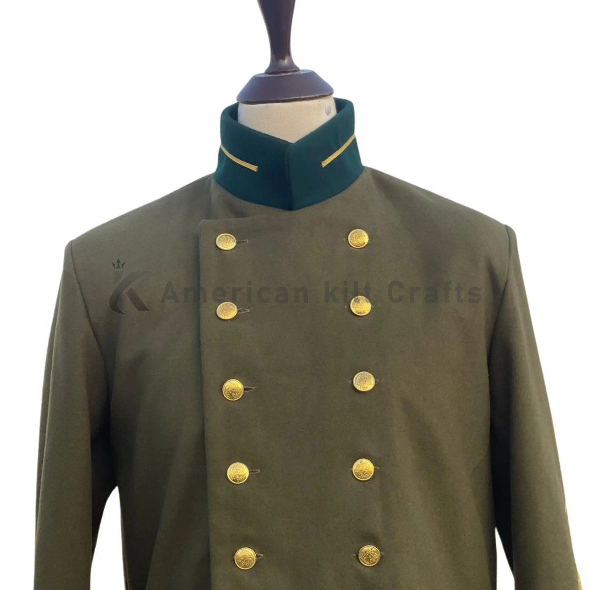 Close-up of Officer CS frock coat showing wool fabric solid collar cuffs buttons and military-inspired details.