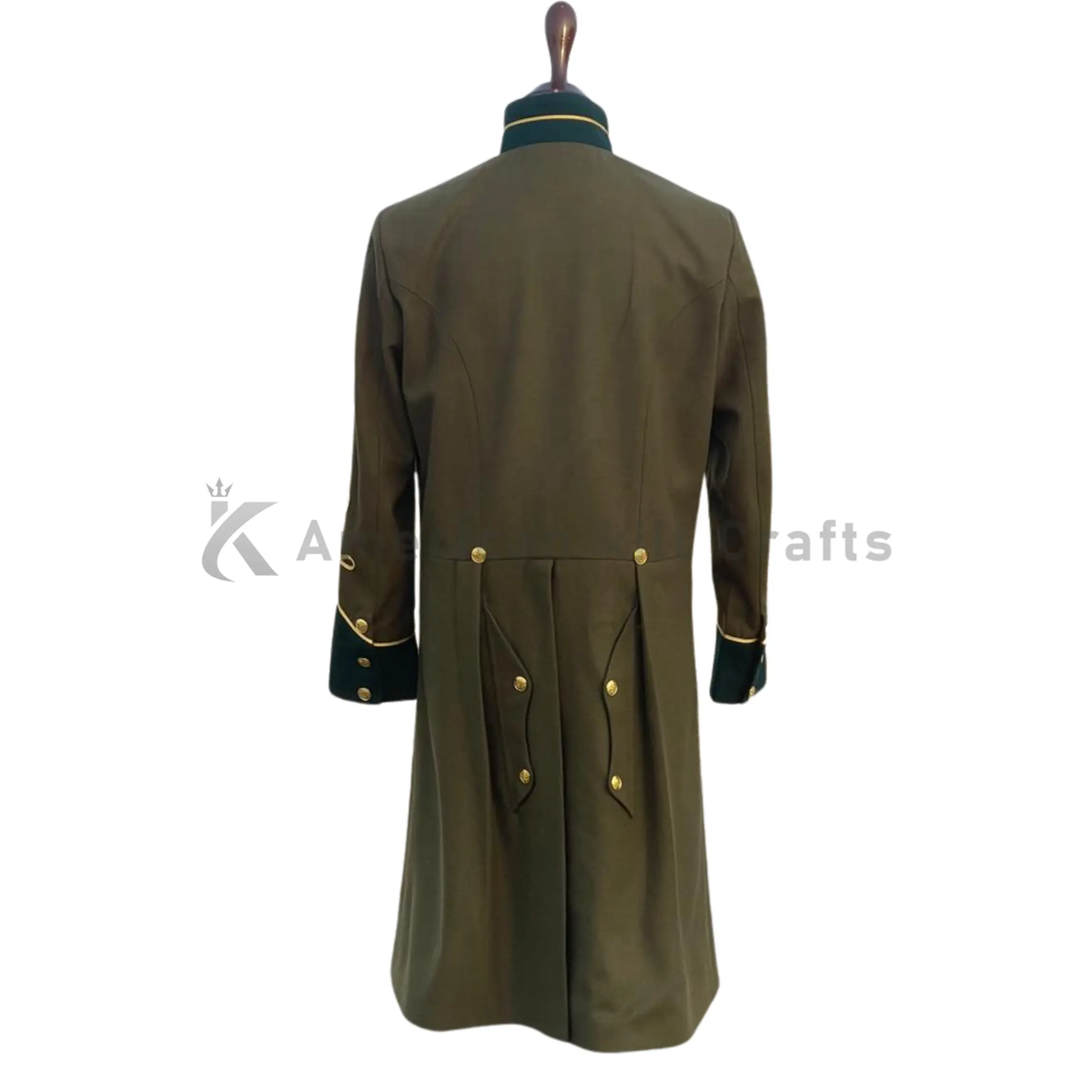 Back view of men’s Officer CS military wool frock coat showing classic long Civil War reenactment styling.