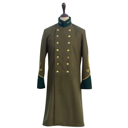 Front view of men’s Officer CS wool frock coat with solid collar cuffs and Civil War military-inspired design.