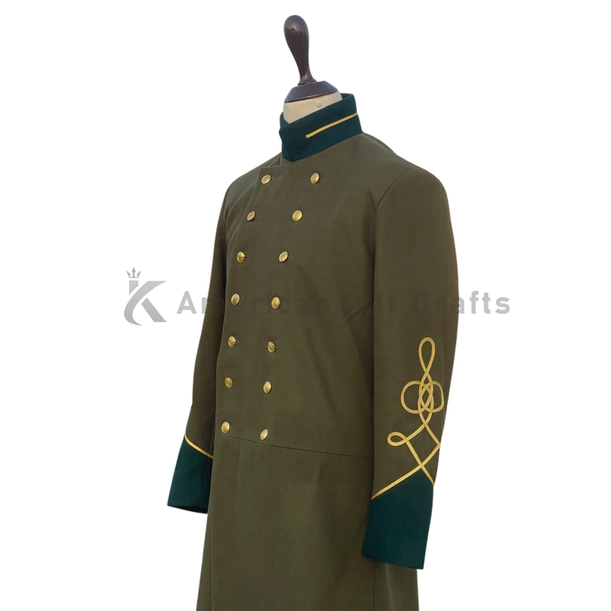 Side view of men’s Officer CS wool frock coat with structured military silhouette and vintage officer styling.