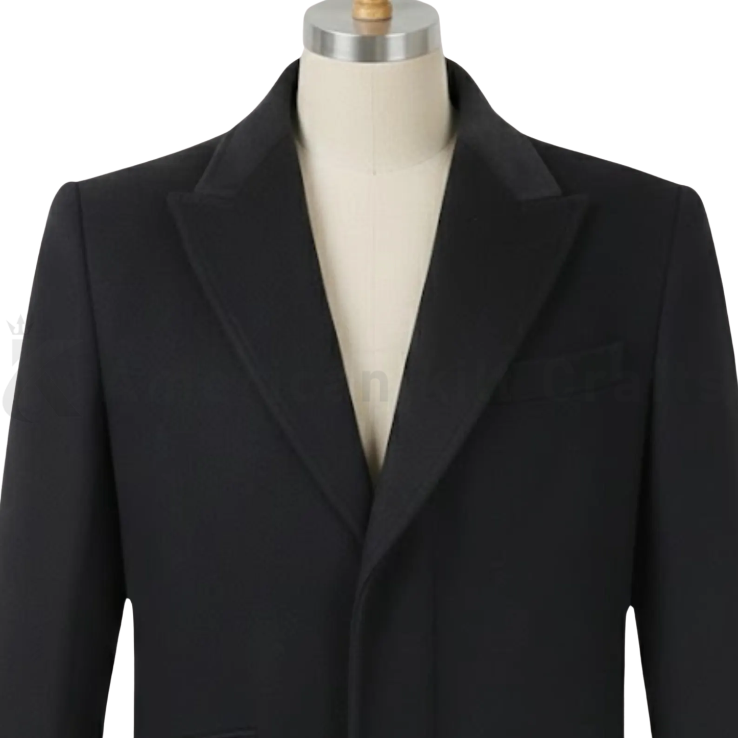 Close-up detail of Peaky Blinders inspired wool overcoat showing lapel.