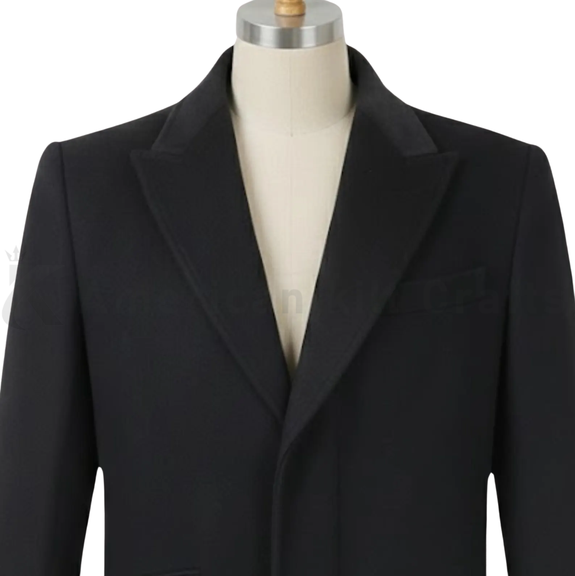 Close-up detail of Peaky Blinders inspired wool overcoat showing lapel.