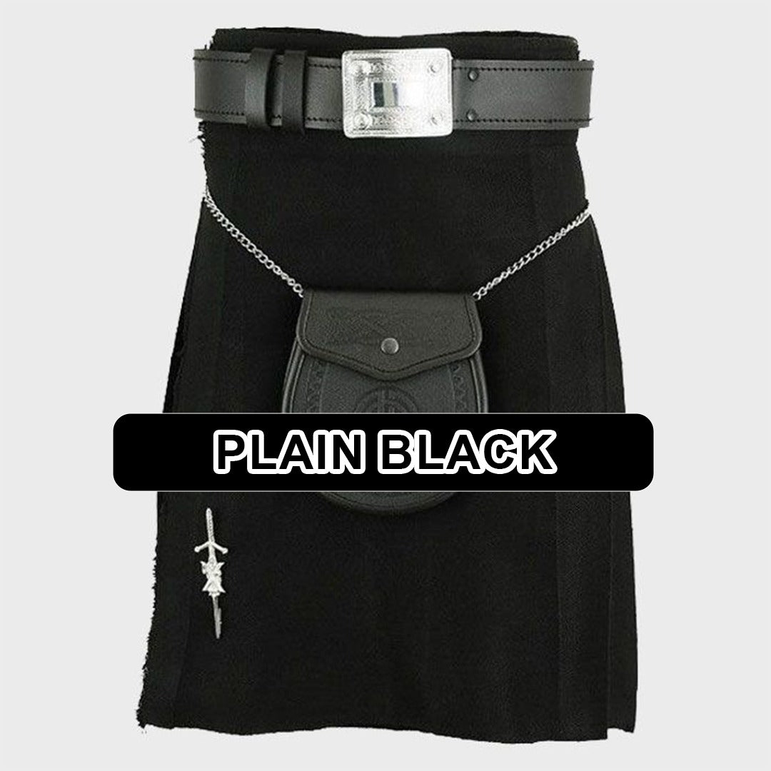 Handmade plain black kilt with classic pleated Scottish Highland design and traditional formal styling.