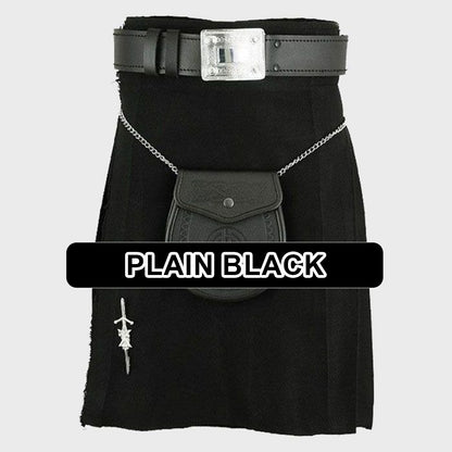 Handmade plain black kilt with classic pleated Scottish Highland design and traditional formal styling.