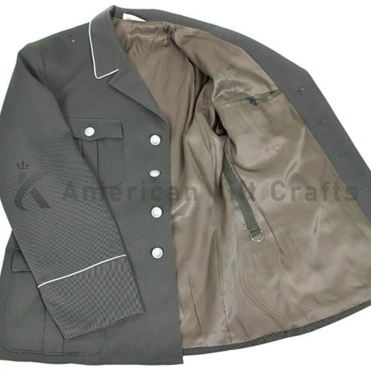 Close up stitching and craftsmanship detail premium wool military overcoat