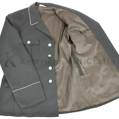 Close up stitching and craftsmanship detail premium wool military overcoat