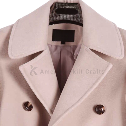 Close up of wide lapel collar men’s long wool business coat