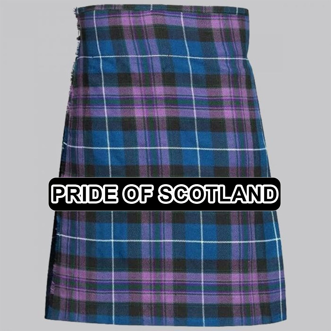 Handmade Pride of Scotland tartan kilt with traditional Scottish plaid pattern and classic pleated Highland design.