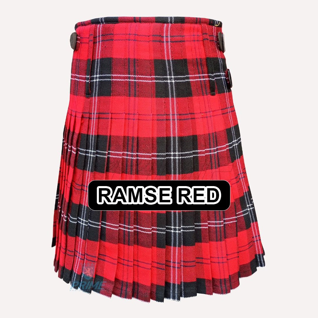 Handmade Ramse Red tartan kilt with bold red Scottish plaid pattern and classic pleated Highland design.