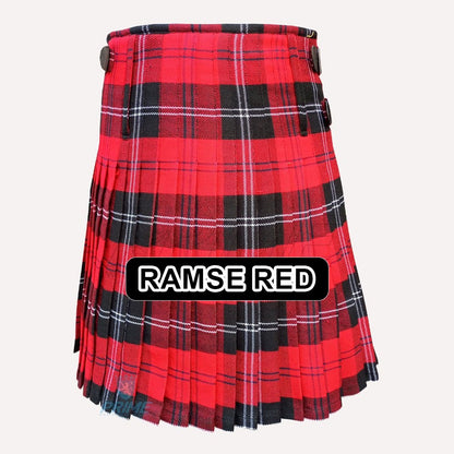 Handmade Ramse Red tartan kilt with bold red Scottish plaid pattern and classic pleated Highland design.