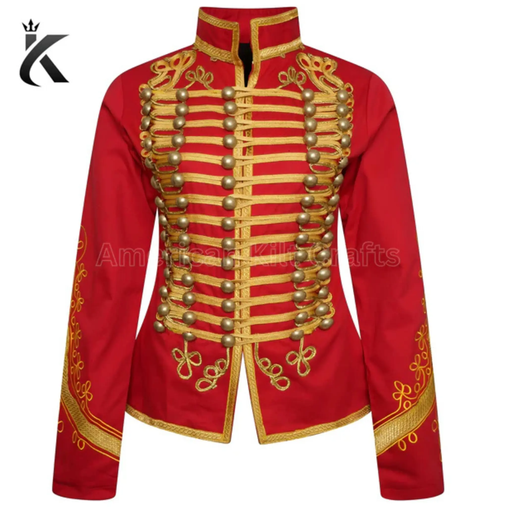 Red military drummer jacket front view featuring marching band styling, decorative trim, and tailored fit.