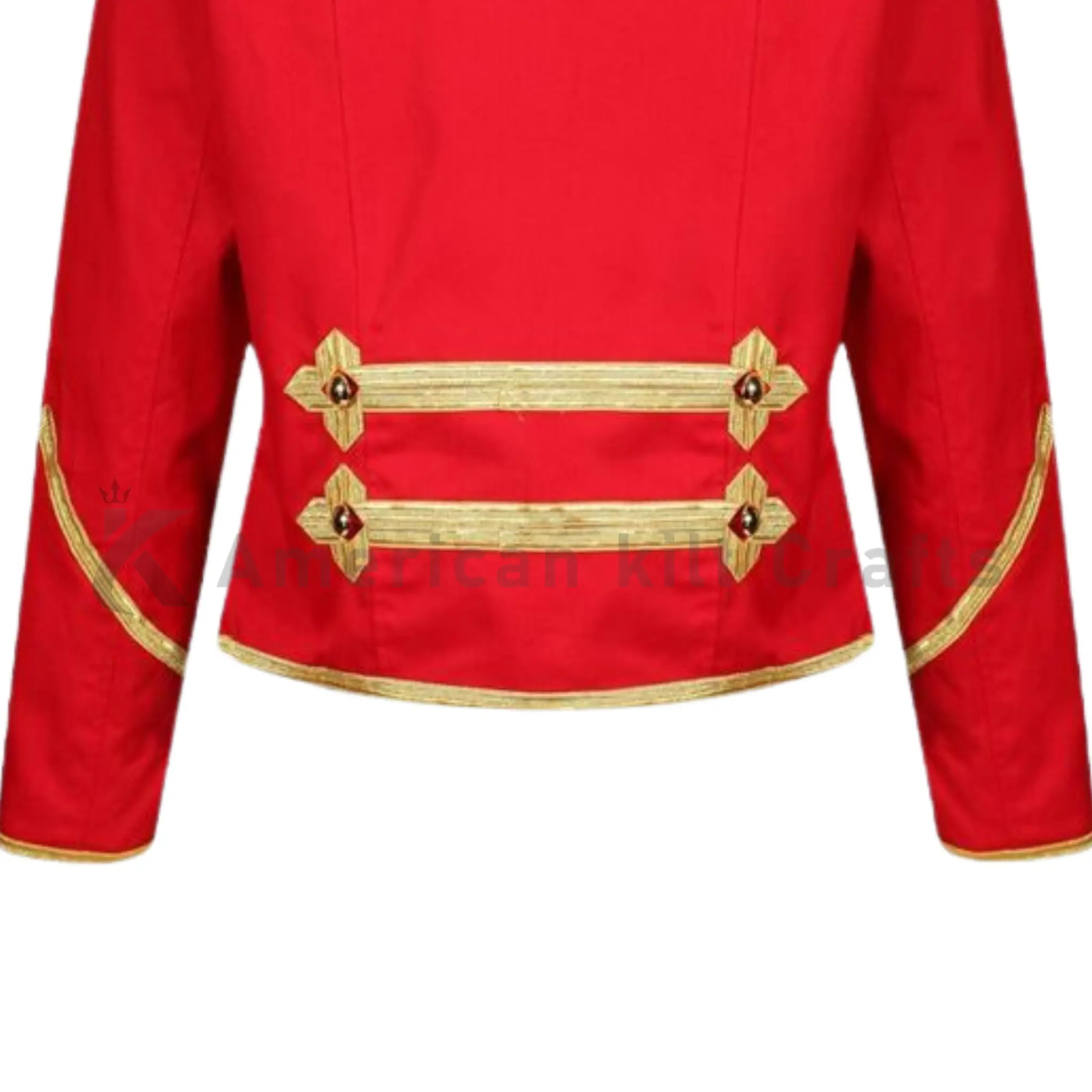 Close up of men’s red classic military jacket showing detailed construction.