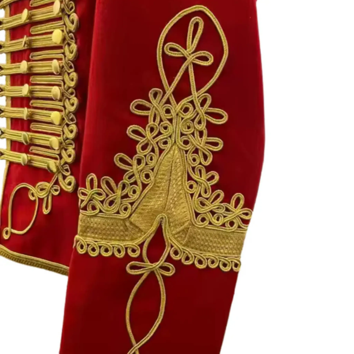 Close-up of gold decorative Sleeve, red Military Hussar Jacket.