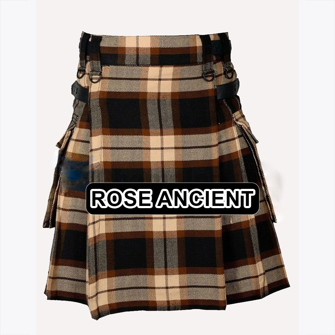Handmade Rose Ancient tartan kilt with traditional Scottish plaid pattern and classic pleated Highland design.