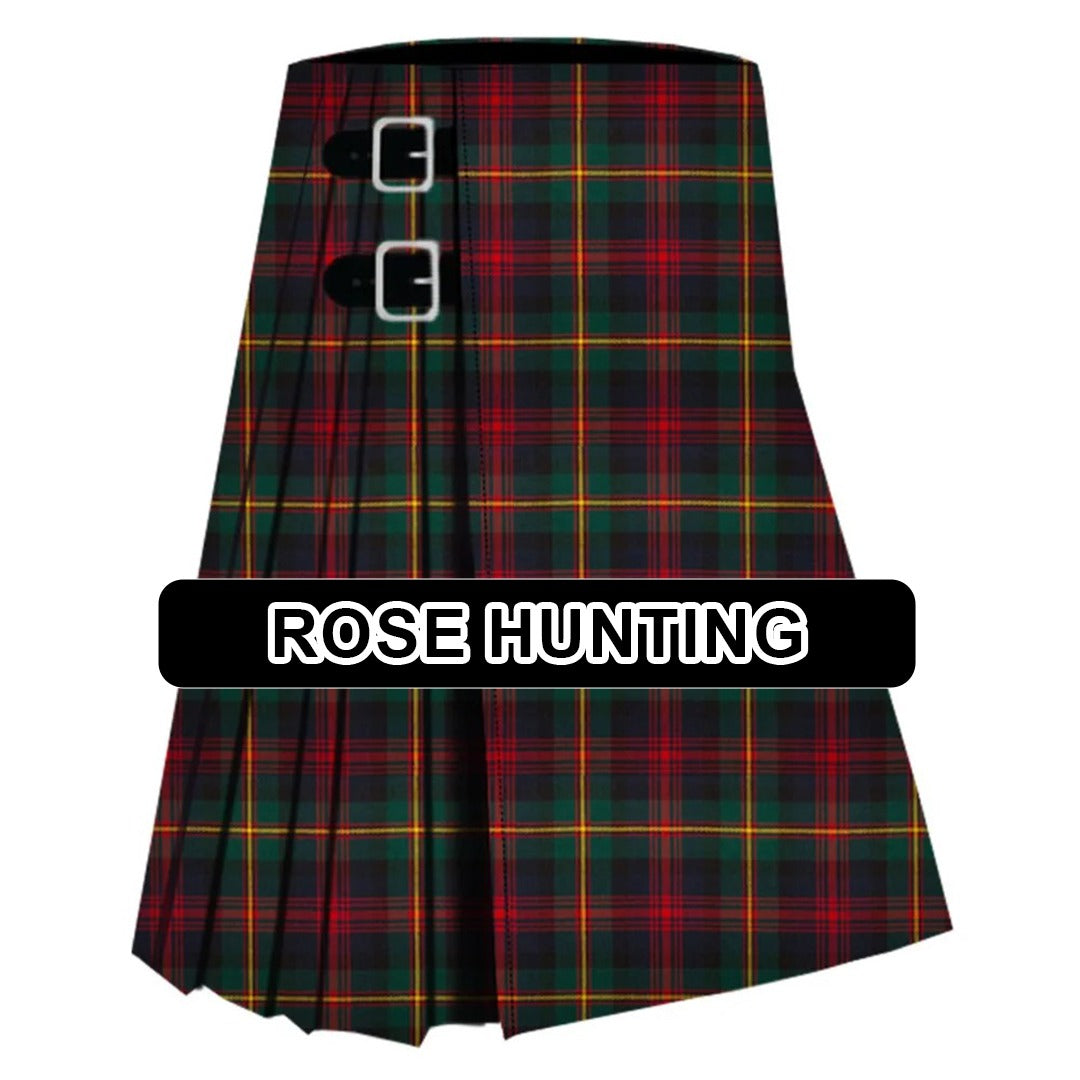 Handmade Rose Hunting tartan kilt with traditional Scottish plaid pattern and classic pleated Highland design.