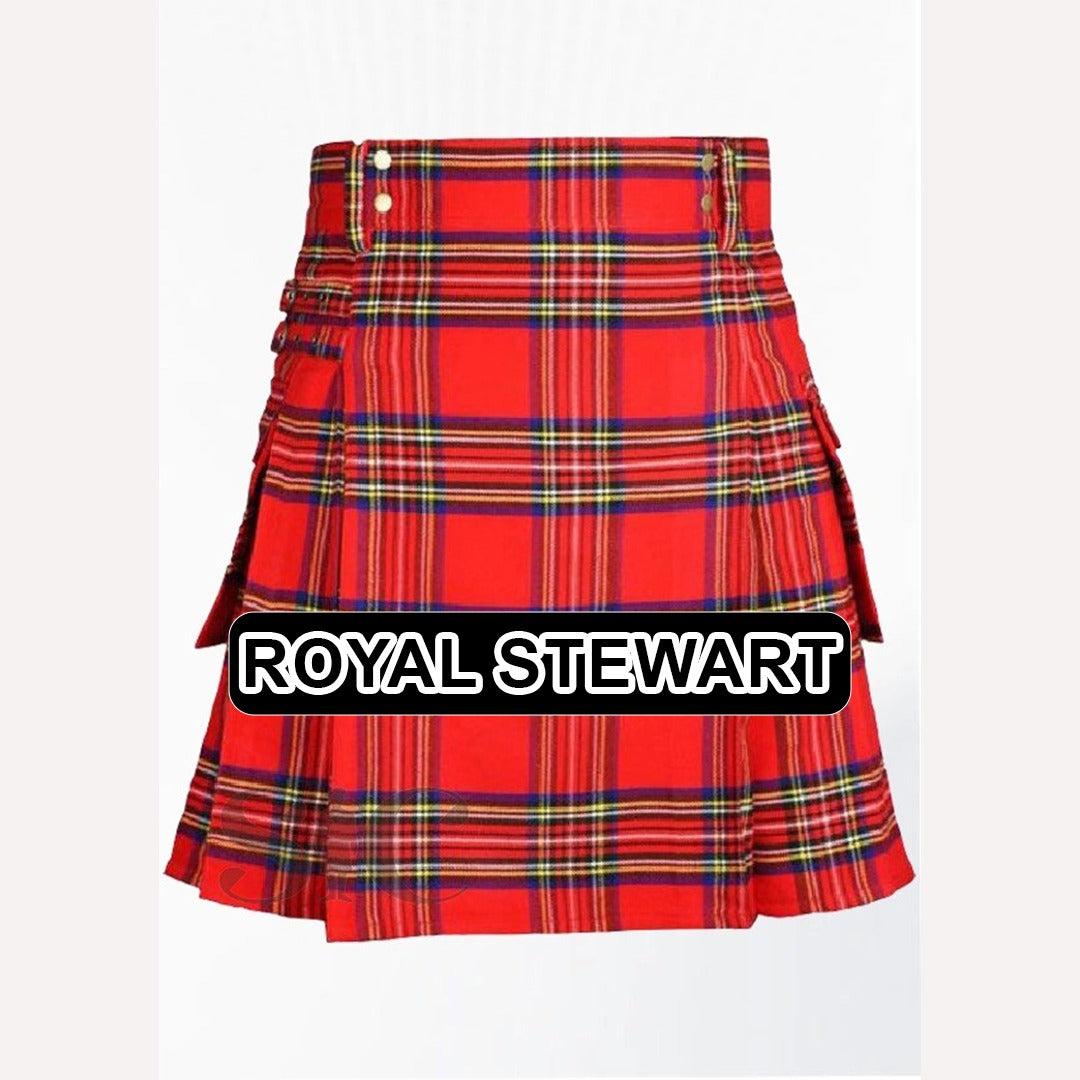 Handmade Royal Stewart tartan kilt with iconic red Scottish plaid pattern and classic pleated Highland design.