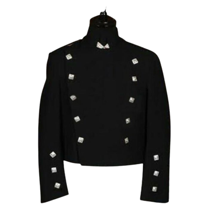 Men’s Scottish Montrose kilt jacket in black with double breasted front for traditional Highland formal wear.