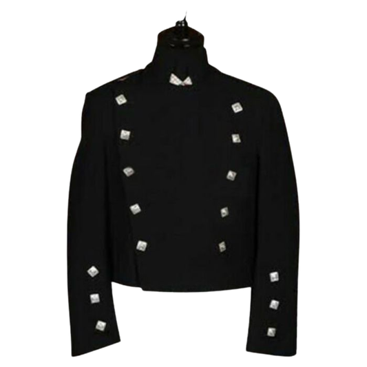 Men’s Scottish Montrose kilt jacket in black with double breasted front for traditional Highland formal wear.