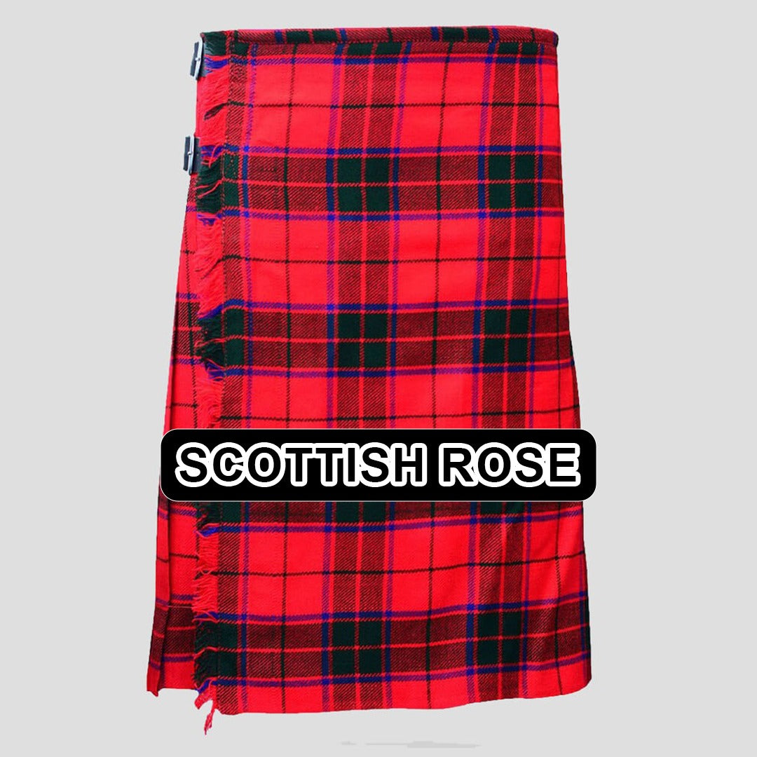 Handmade Scottish Rose tartan kilt with traditional Scottish plaid pattern and classic pleated Highland design.