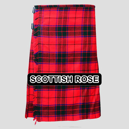 Handmade Scottish Rose tartan kilt with traditional Scottish plaid pattern and classic pleated Highland design.