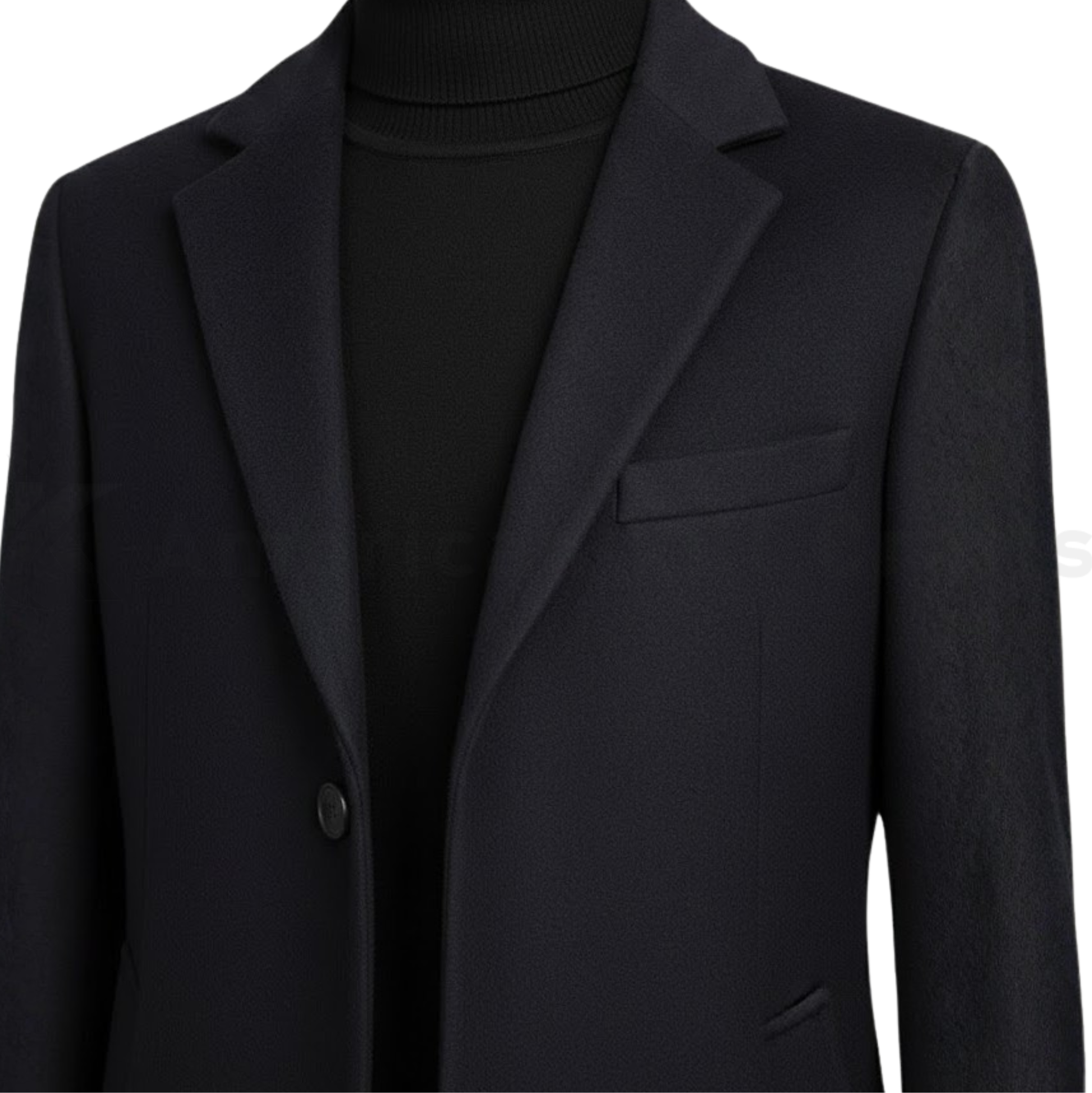 Close-up of men’s black single-breasted overcoat showing notched lapel, button detail, smooth fabric texture, and tailored slim fit finish.
