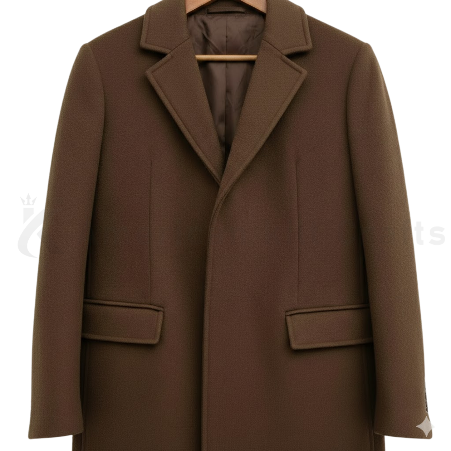 Close-up of men’s brown single-breasted trench coat showing wool fabric texture, button detail, lapel, and tailored slim fit finish.
