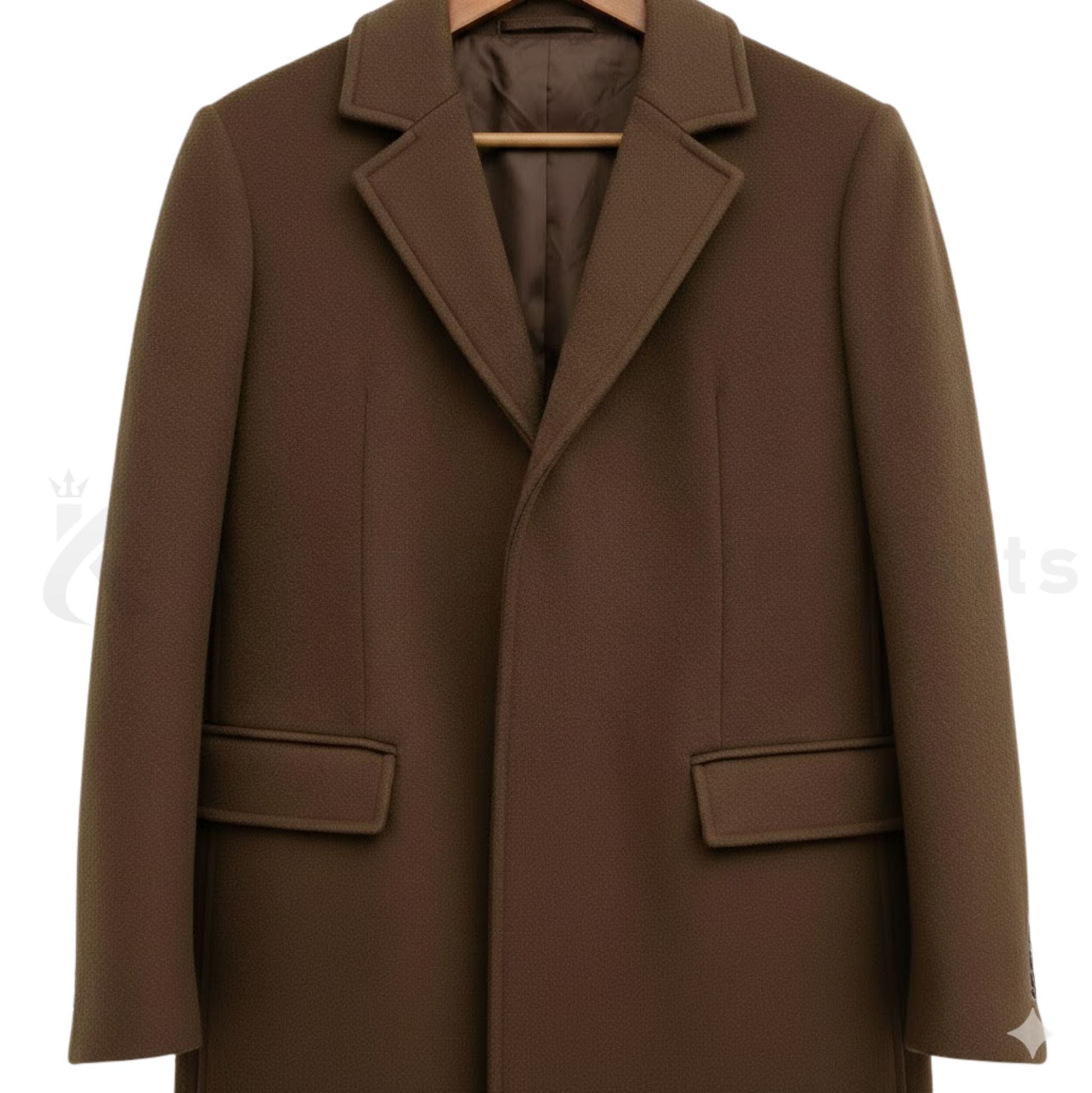Close-up of men’s brown single-breasted trench coat showing wool fabric texture, button detail, lapel, and tailored slim fit finish.