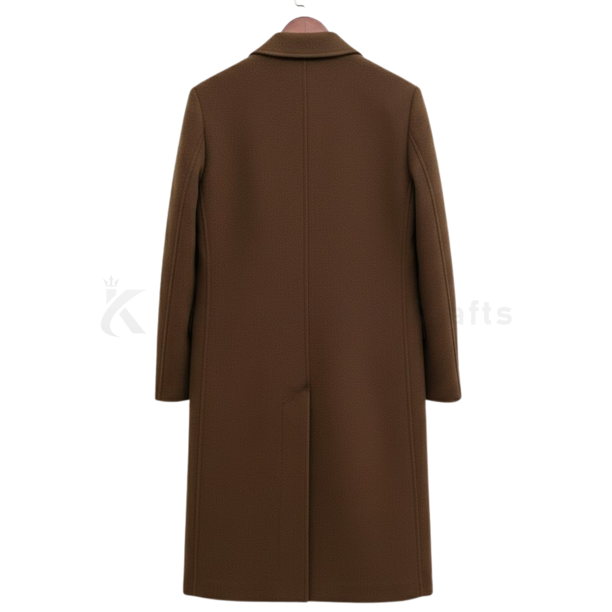 Back view of men’s brown slim fit long trench coat, tailored wool coat with clean formal and casual outerwear style.