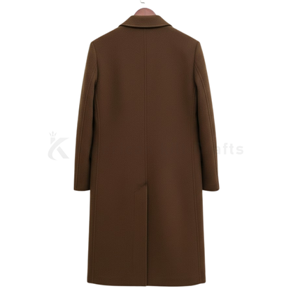 Back view of men’s brown slim fit long trench coat, tailored wool coat with clean formal and casual outerwear style.