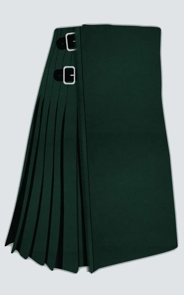 Handmade solid green kilt with classic pleated Scottish Highland design and traditional formal styling.