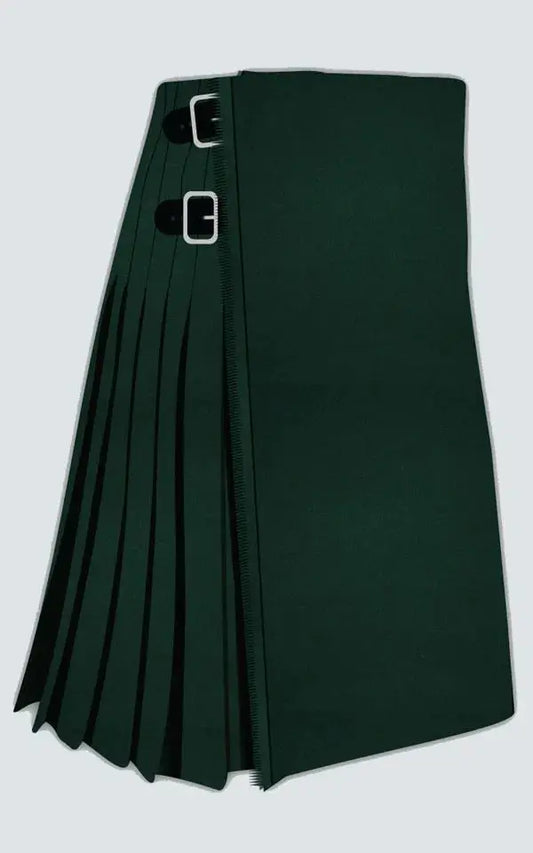 Handmade solid green kilt with classic pleated Scottish Highland design and traditional formal styling.