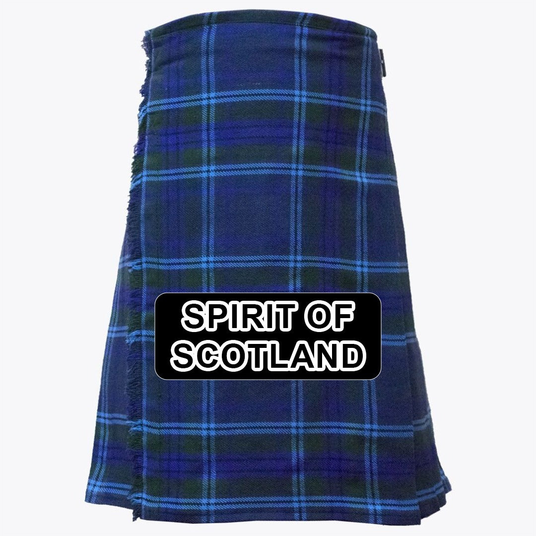 Handmade Spirit of Scotland tartan kilt with traditional Scottish plaid pattern and classic pleated Highland design.