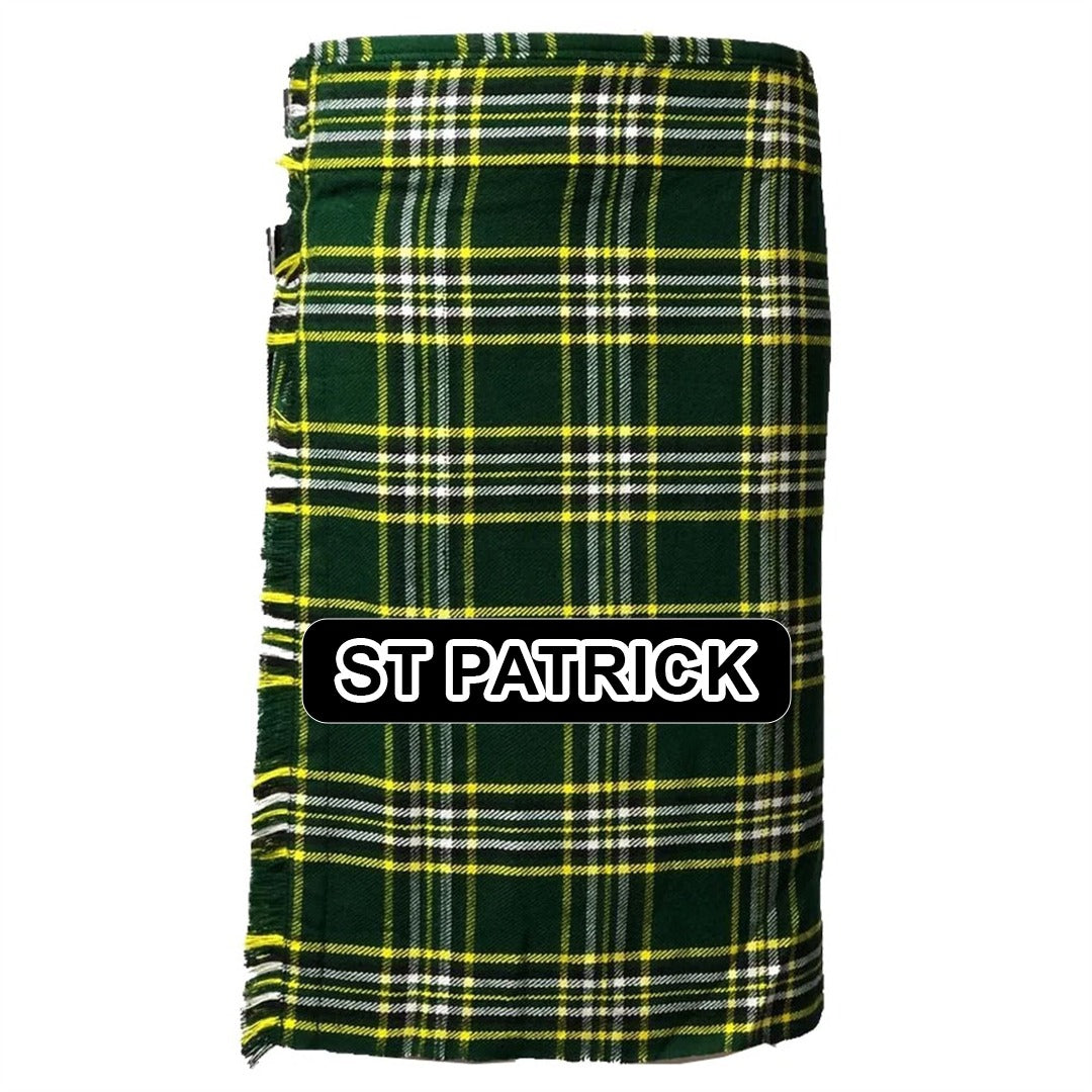 Handmade St. Patrick tartan kilt with traditional green plaid pattern and classic pleated Highland design.