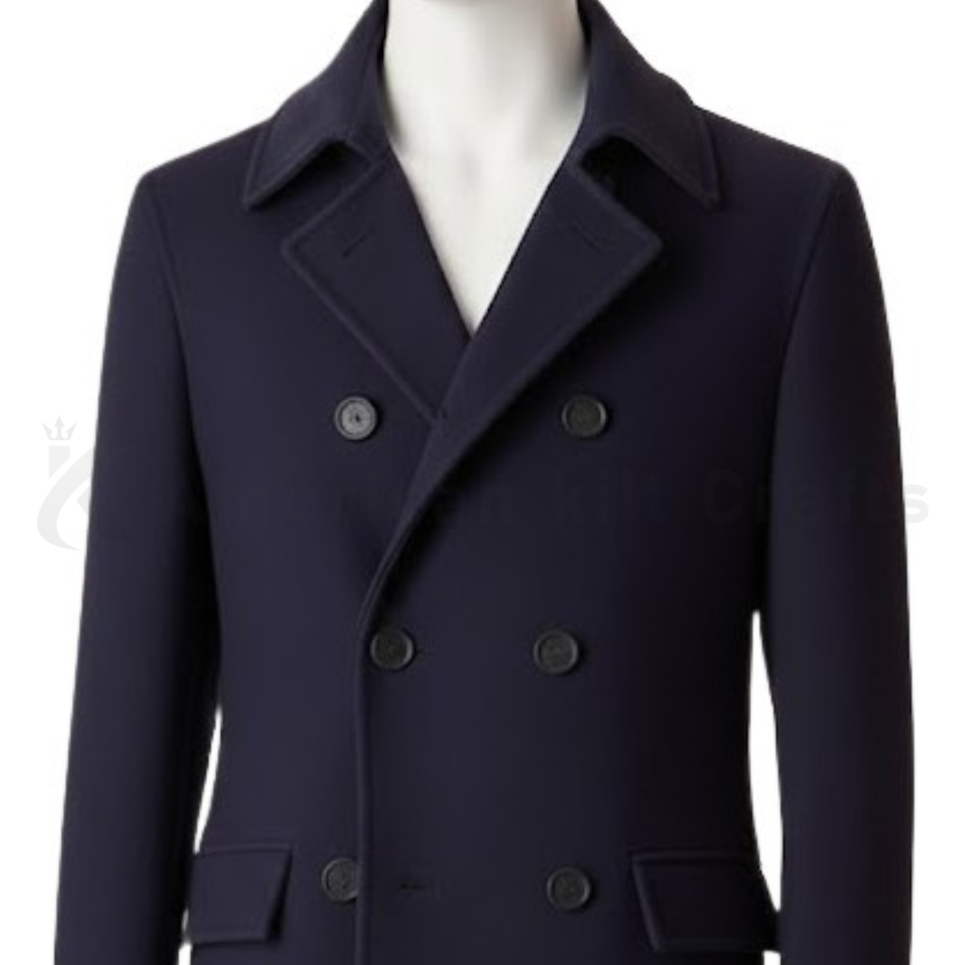 Close-up of men’s black wool blend overcoat showing premium fabric texture, buttons, collar, and tailored formal coat details.