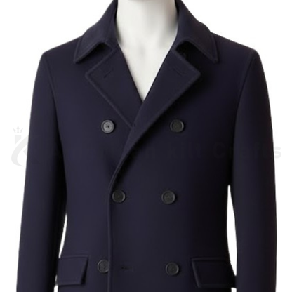 Close-up of men’s black wool blend overcoat showing premium fabric texture, buttons, collar, and tailored formal coat details.