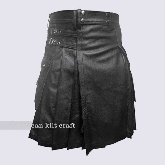 Men’s utility leather kilt with adjustable fit, traditional pleated style, and handmade battle kilt design.
