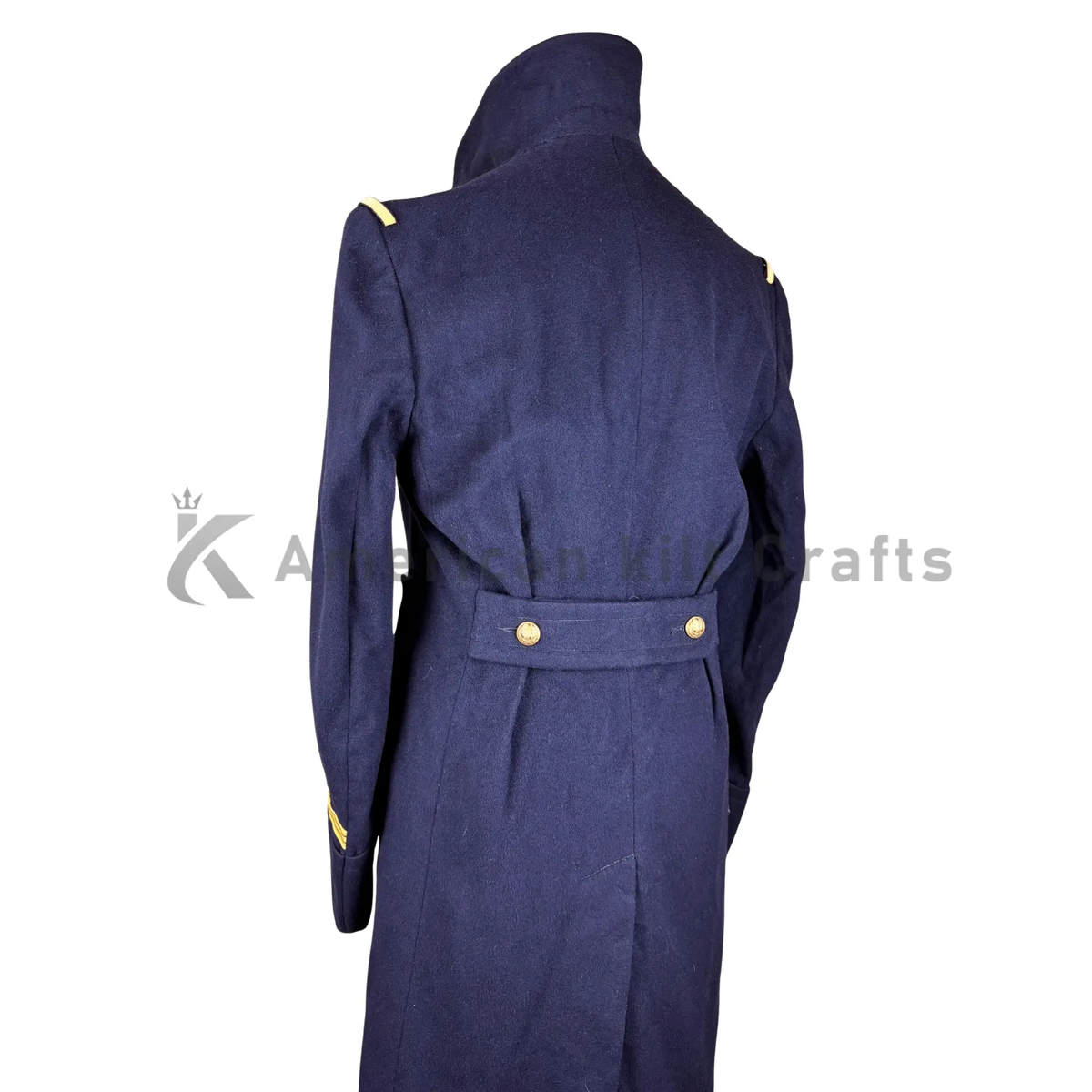 Back view of U.S. Navy officer reefer jacket showing a clean structured naval peacoat silhouette.